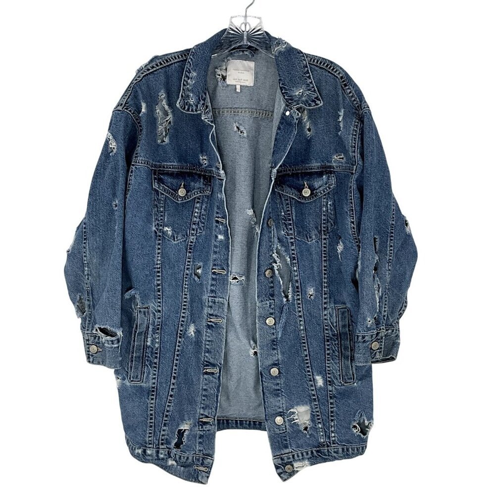 Zara‎ Jean Jacket Women M Blue Wash Distressed Ripped Button Up Pockets Denim